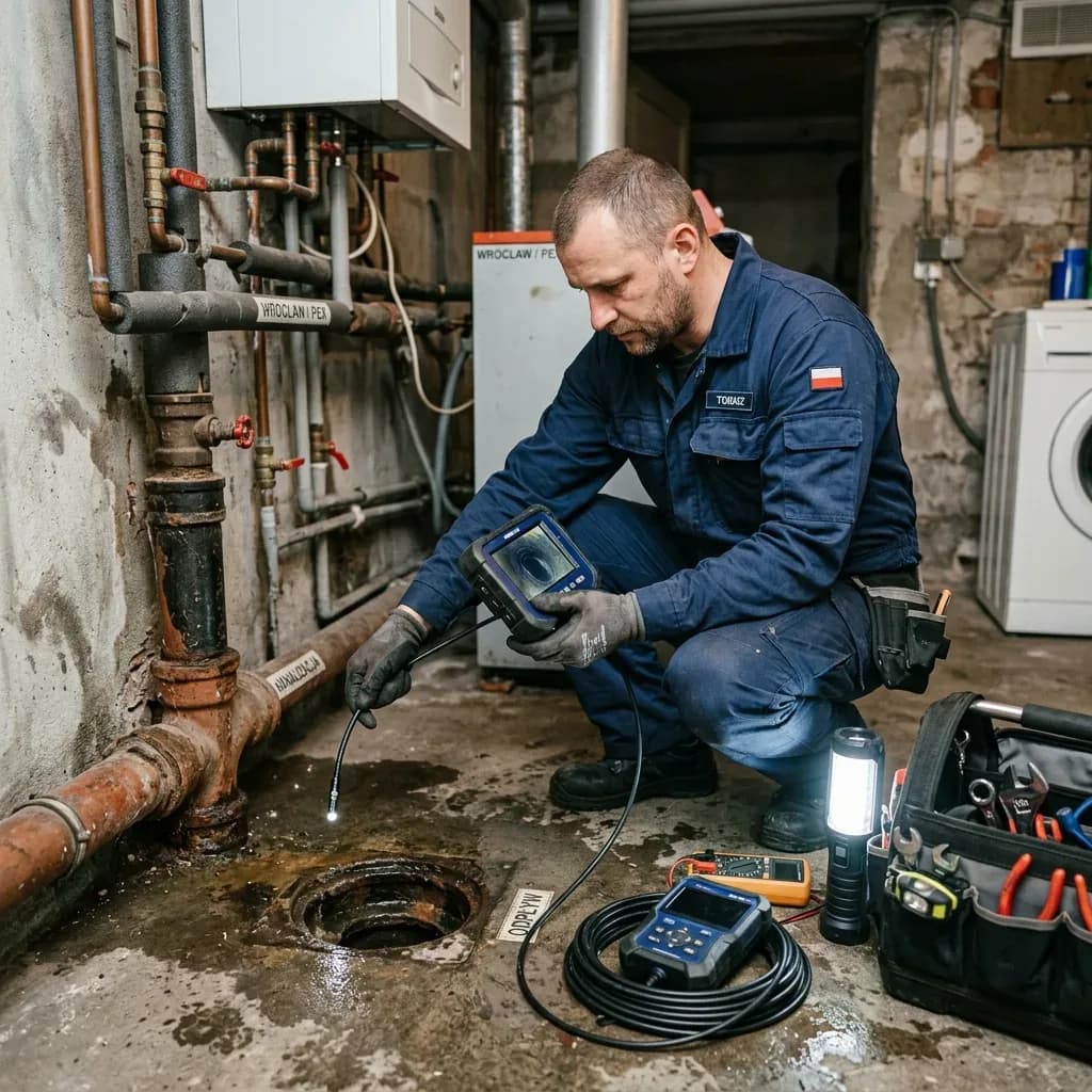 Technik ZIĘBUD Expert podczas inspekcji kamerą instalacji kanalizacyjnej w piwnicy we Wrocławiu