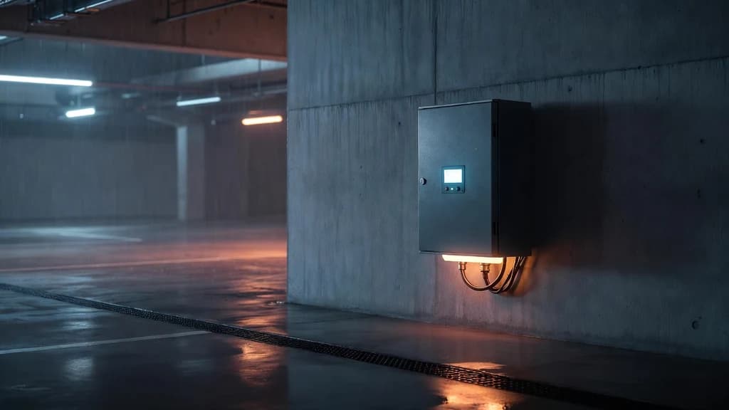 Sterownik elektrycznej zasuwy burzowej na ścianie garażu podziemnego — odwodnienie liniowe w posadzce, deszcz za wjazdem